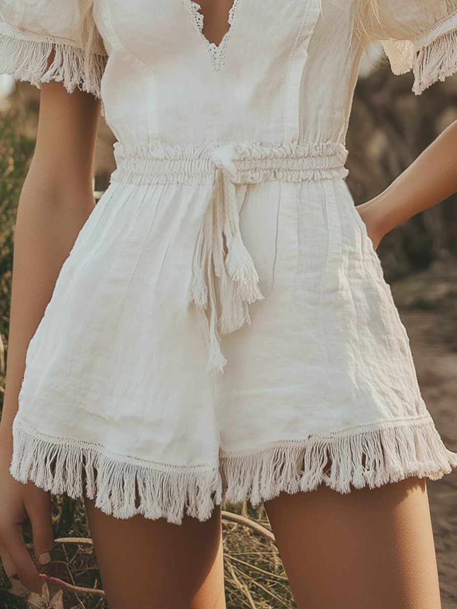 Comfortable Breathable Lace V-neck Cotton And Linen Tassel Jumpsuit Shorts