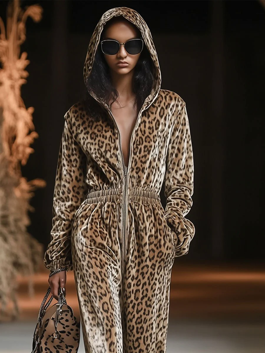 【24-hour shipping out】Casual Loose Vintage Velvet Leopard Print Zipper Hooded Jumpsuit